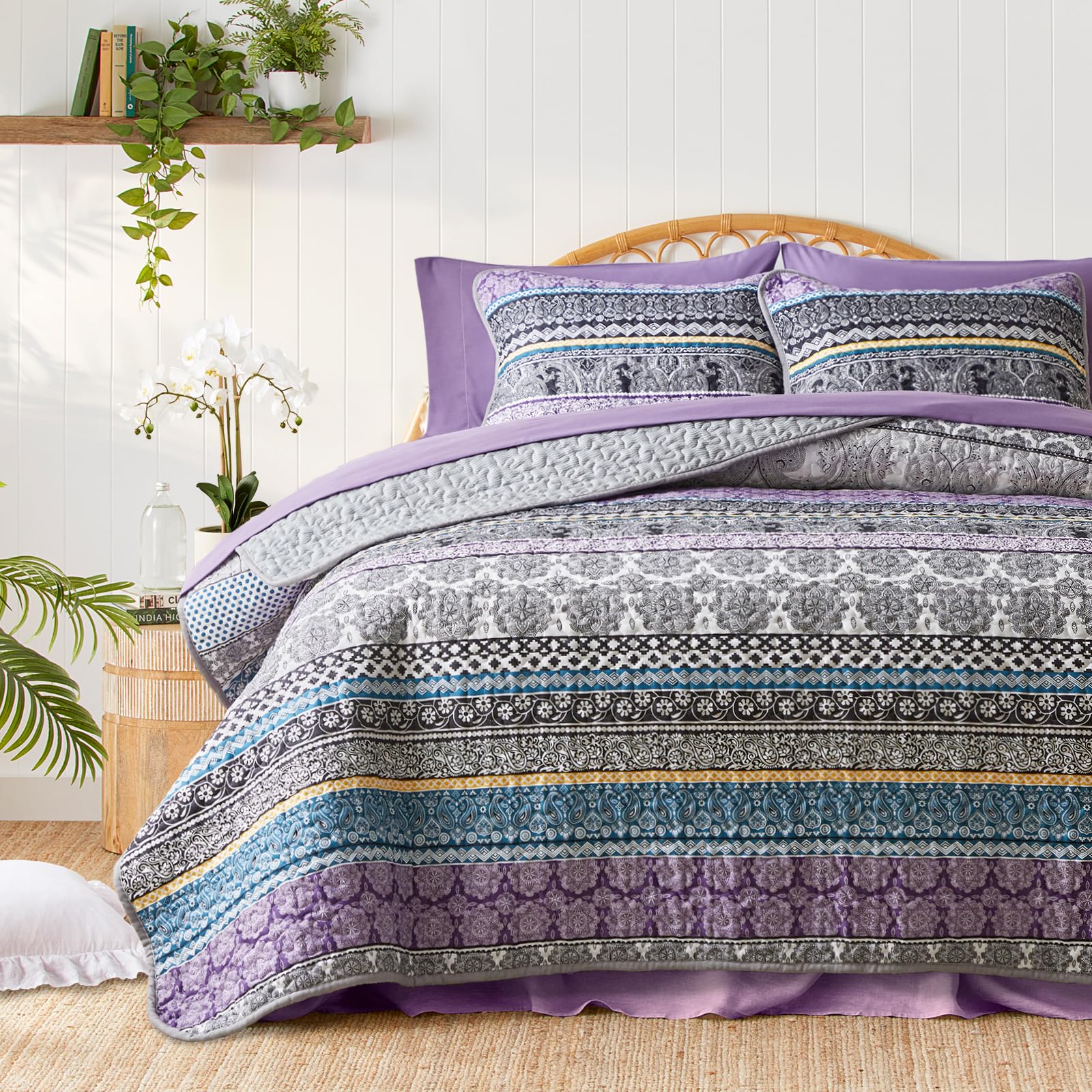 3 Pieces Colorful Bohemian Quilt Set King Size, Purple N Grey Boho Striped Printed Bedding Bedspread Coverlet Set For Summer, So